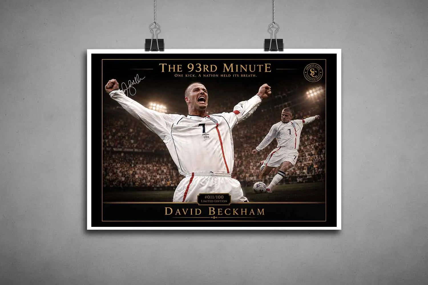 David Beckham unframed print featuring his famous last-minute goal, detailed limited edition sports prints for collectors