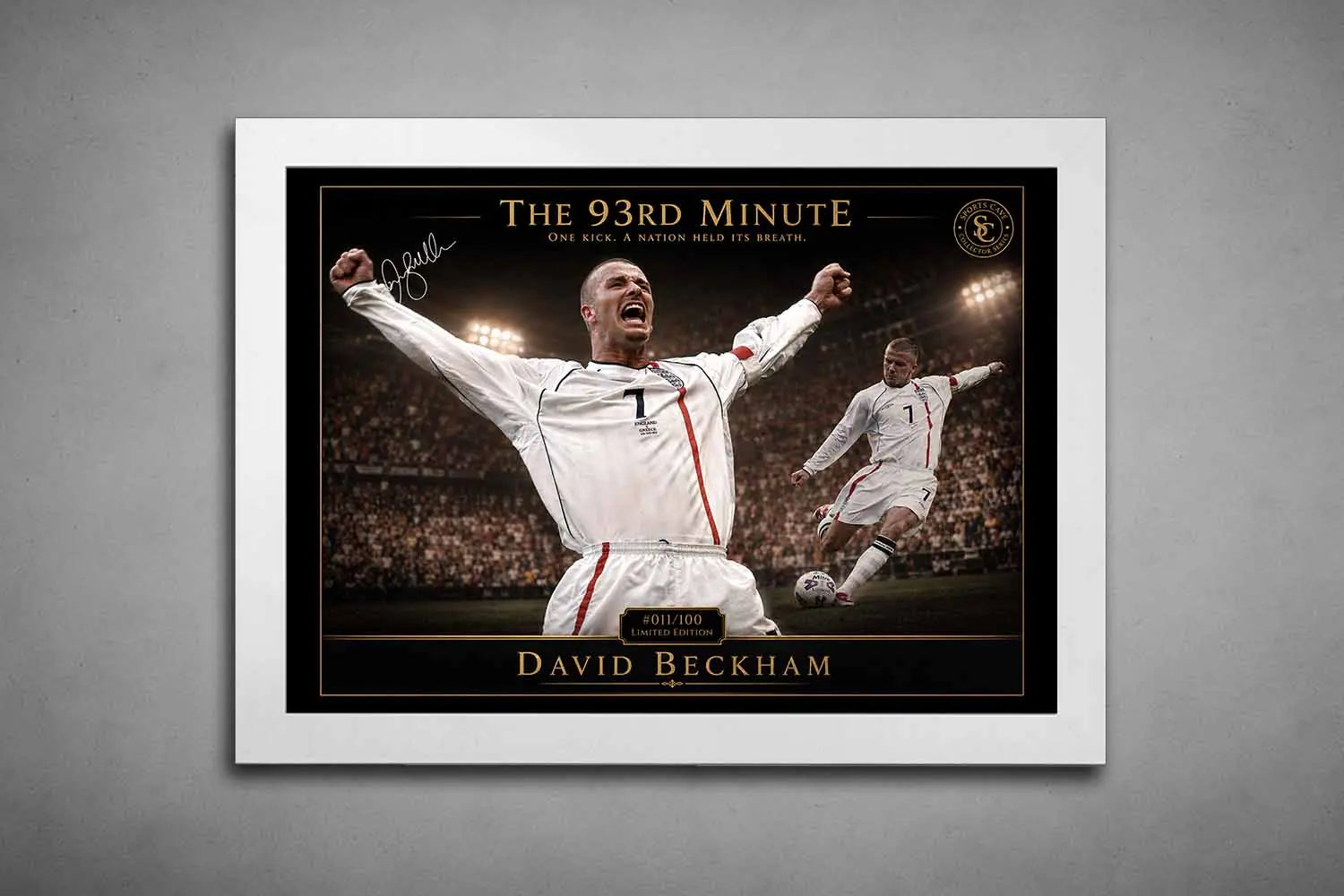 David Beckham “93rd Minute” white frame design, elegant sports wall art showcasing his iconic England free kick moment