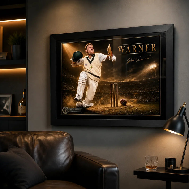 David Warner framed cricket memorabilia displayed in a dark premium man cave with leather seating and warm lighting.