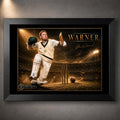 David Warner limited edition cricket wall art in a premium black frame with stadium lighting and gold detail.
