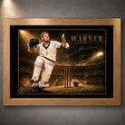 David Warner premium cricket wall art in a natural oak frame with dramatic stadium atmosphere and gold detail.