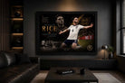 Declan Rice limited edition sports prints displayed in a luxury man cave with dramatic modern football décor.