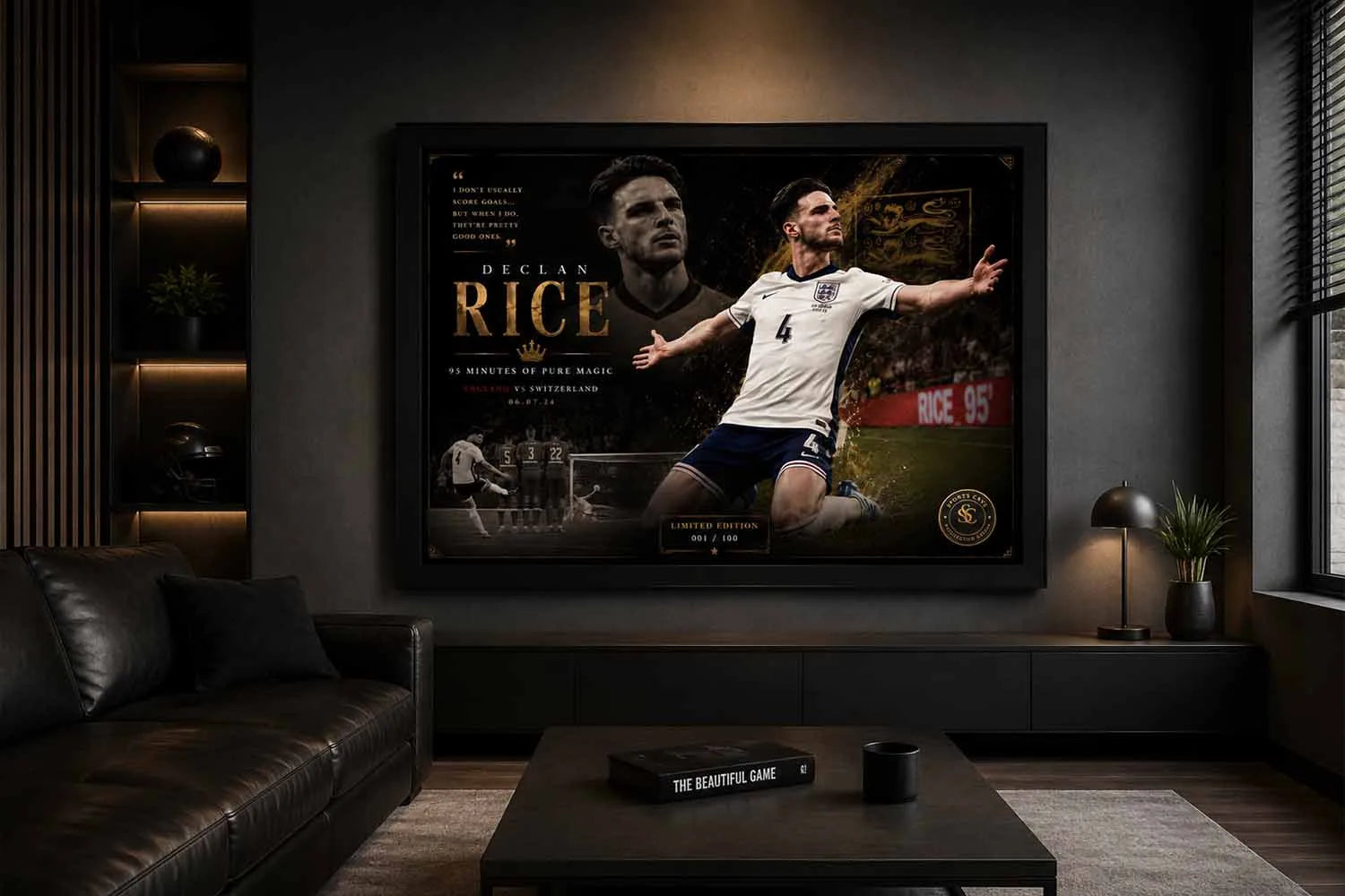 Declan Rice limited edition sports prints displayed in a luxury man cave with dramatic modern football décor.