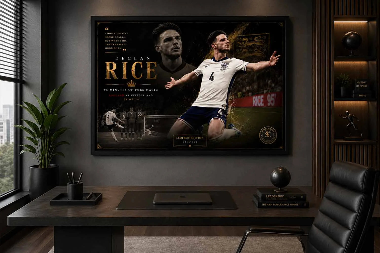 Declan Rice sports wall art showcased in a modern office setup with premium football-inspired interior styling.