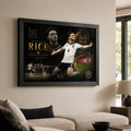 Declan Rice England soccer wall art displayed in a bright living room above a neutral sofa and side table.