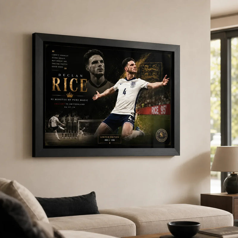 Declan Rice England soccer wall art displayed in a bright living room above a neutral sofa and side table.