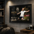 Declan Rice England soccer wall art in a dark man cave setting with concrete wall and warm spotlighting.