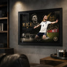 Declan Rice England soccer wall art in a dark man cave setting with concrete wall and warm spotlighting.