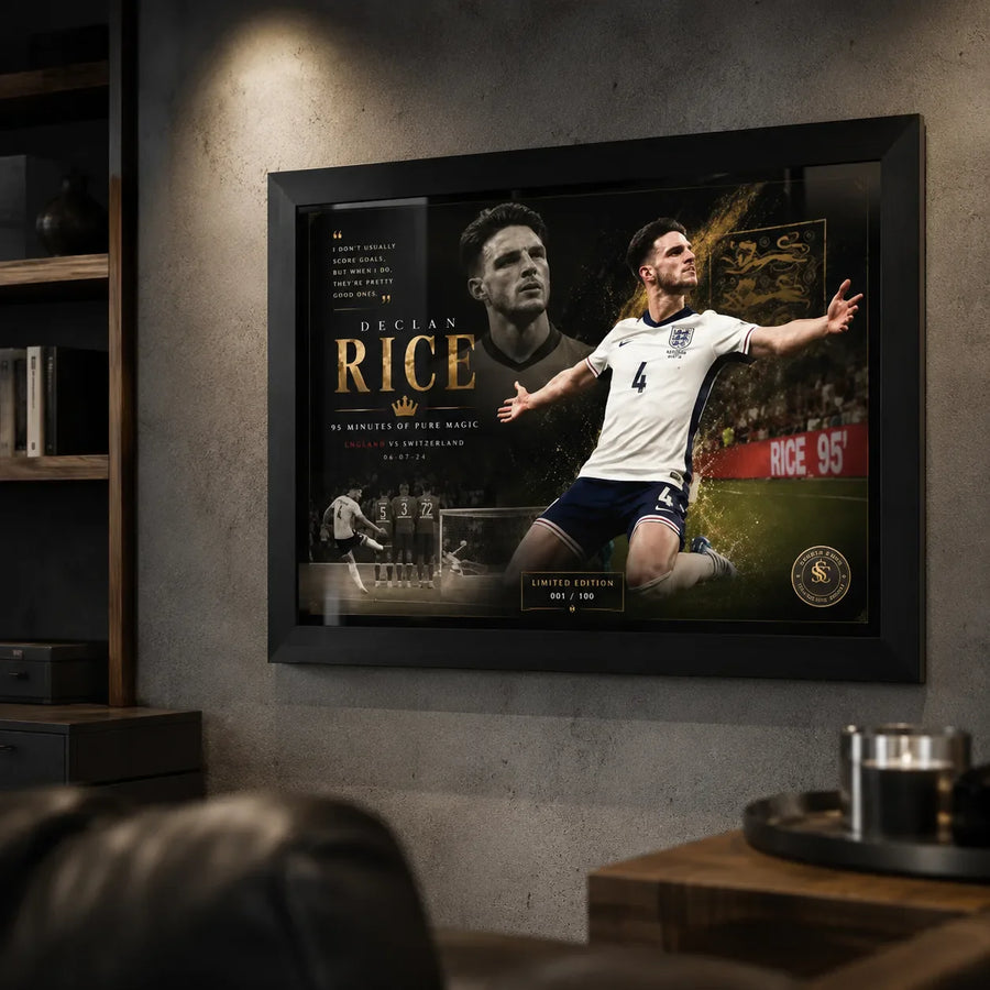 Declan Rice England soccer wall art in a dark man cave setting with concrete wall and warm spotlighting.
