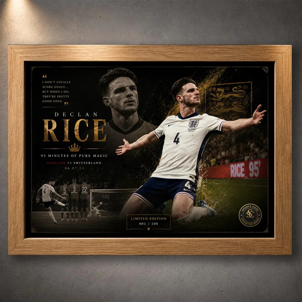 Declan Rice England soccer wall art in an oak frame, featuring the limited edition 95th-minute artwork.