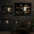 Declan Rice framed soccer wall art size guide with S, M, L and XL frame dimensions.