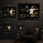 Declan Rice framed soccer wall art size guide with S, M, L and XL frame dimensions.