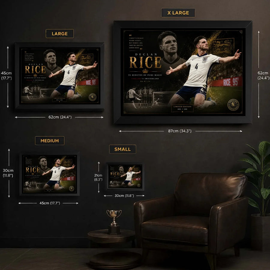 Declan Rice framed soccer wall art size guide with S, M, L and XL frame dimensions.