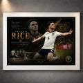 Declan Rice England soccer wall art in a white frame, showing the dark gold limited edition football design.