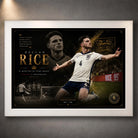 Declan Rice England soccer wall art in a white frame, showing the dark gold limited edition football design.