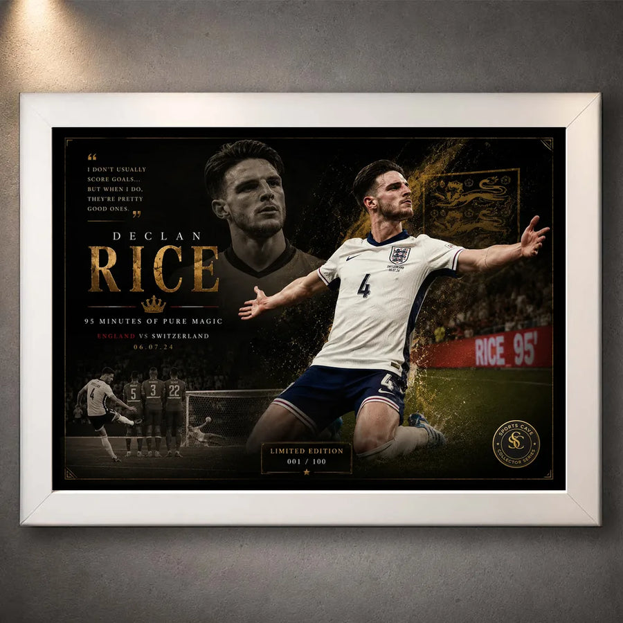 Declan Rice England soccer wall art in a white frame, showing the dark gold limited edition football design.