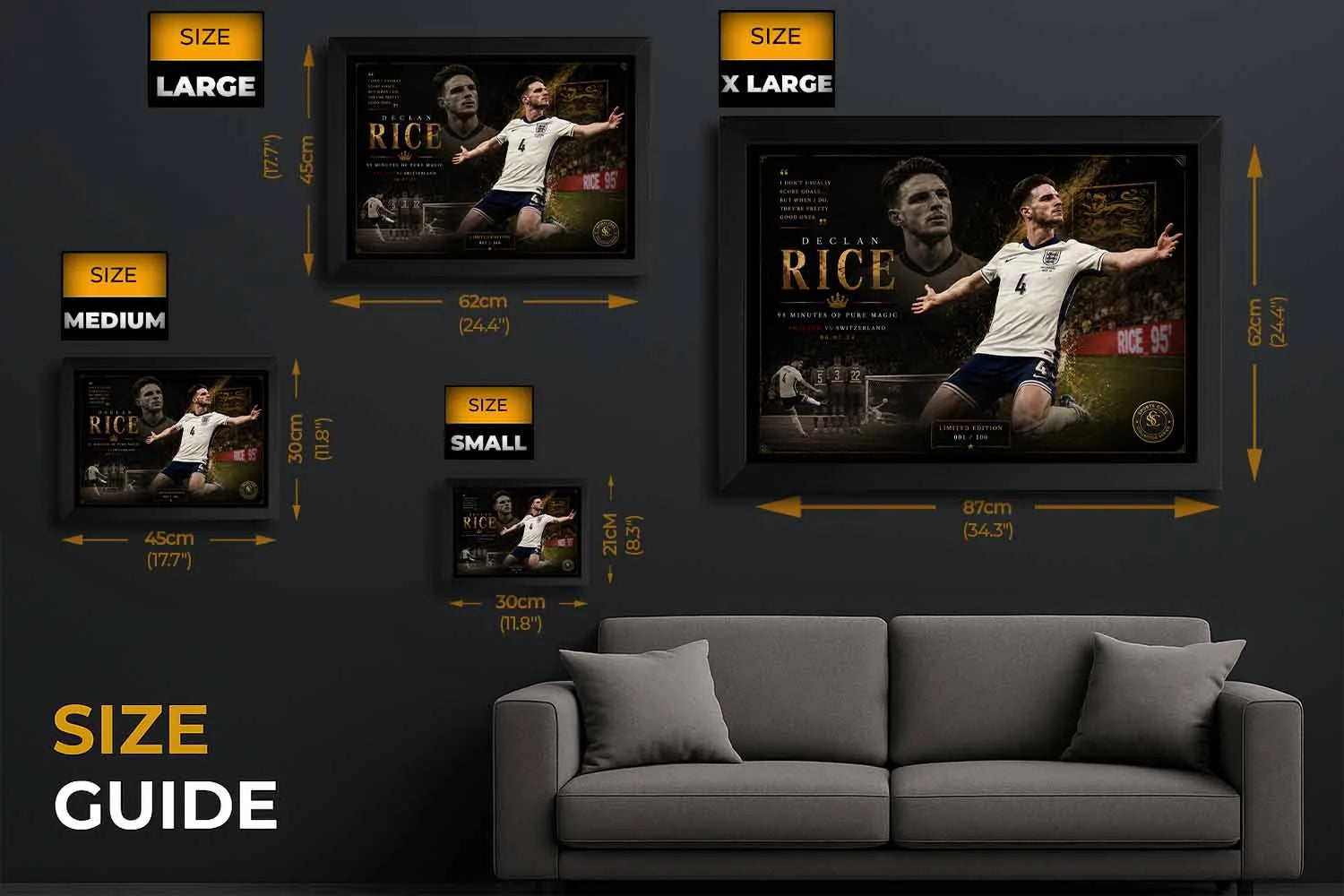 Declan Rice framed sports wall art size guide showing small, medium, large and XL football print dimensions.