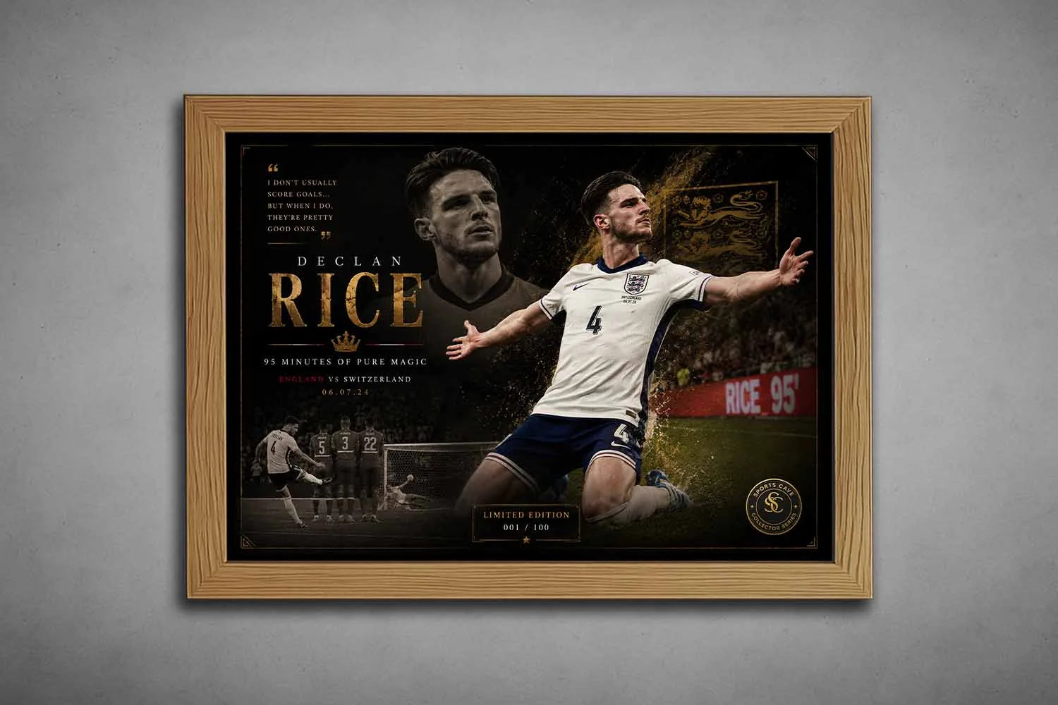Declan Rice premium sports collectibles artwork presented in a natural oak frame with elegant football styling.