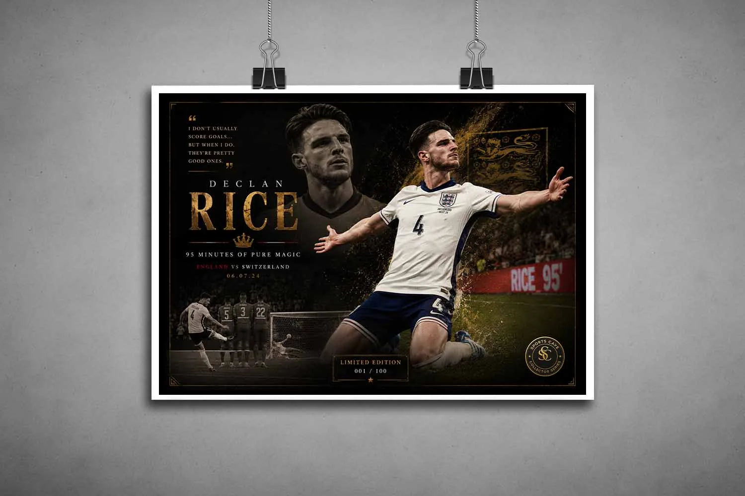 Declan Rice unframed sports art prints featuring England’s dramatic Switzerland goal celebration artwork.