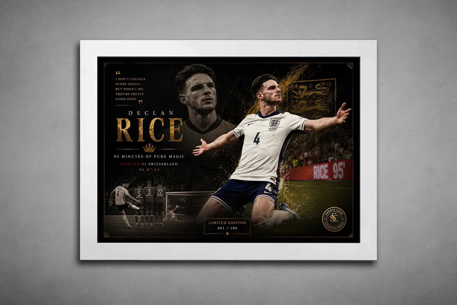 Declan Rice England framed sports wall art in a premium white frame celebrating his iconic late winner vs Switzerland.