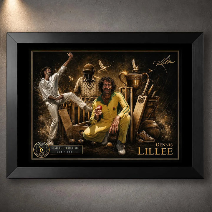 Dennis Lillee cricket wall art in a premium black frame with limited-edition collector artwork.