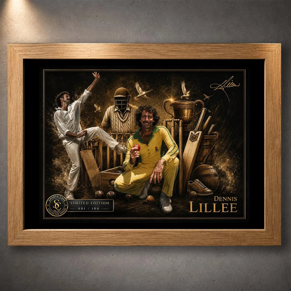 Dennis Lillee cricket wall art presented in a natural oak frame with premium collector styling.