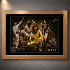 Dennis Lillee cricket wall art presented in a natural oak frame with premium collector styling.