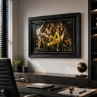 Dennis Lillee framed cricket wall art displayed above a desk in a refined modern home office.