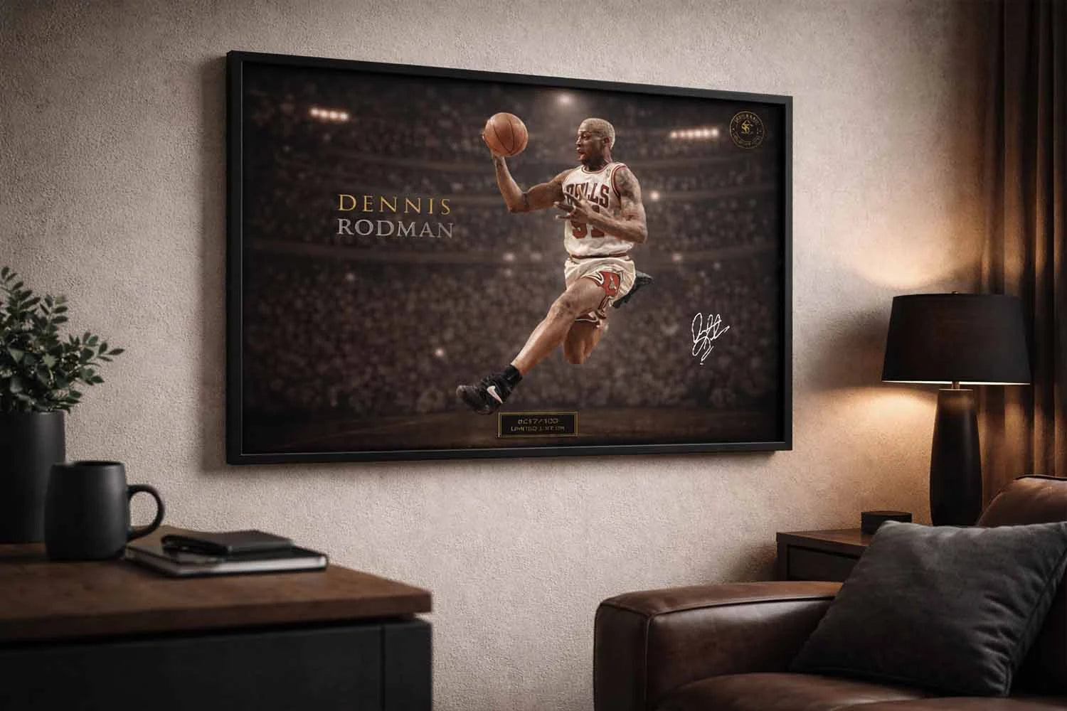 Dennis Rodman framed print displayed in a modern man cave, showcasing limited edition sports prints with a bold, cinematic presence.