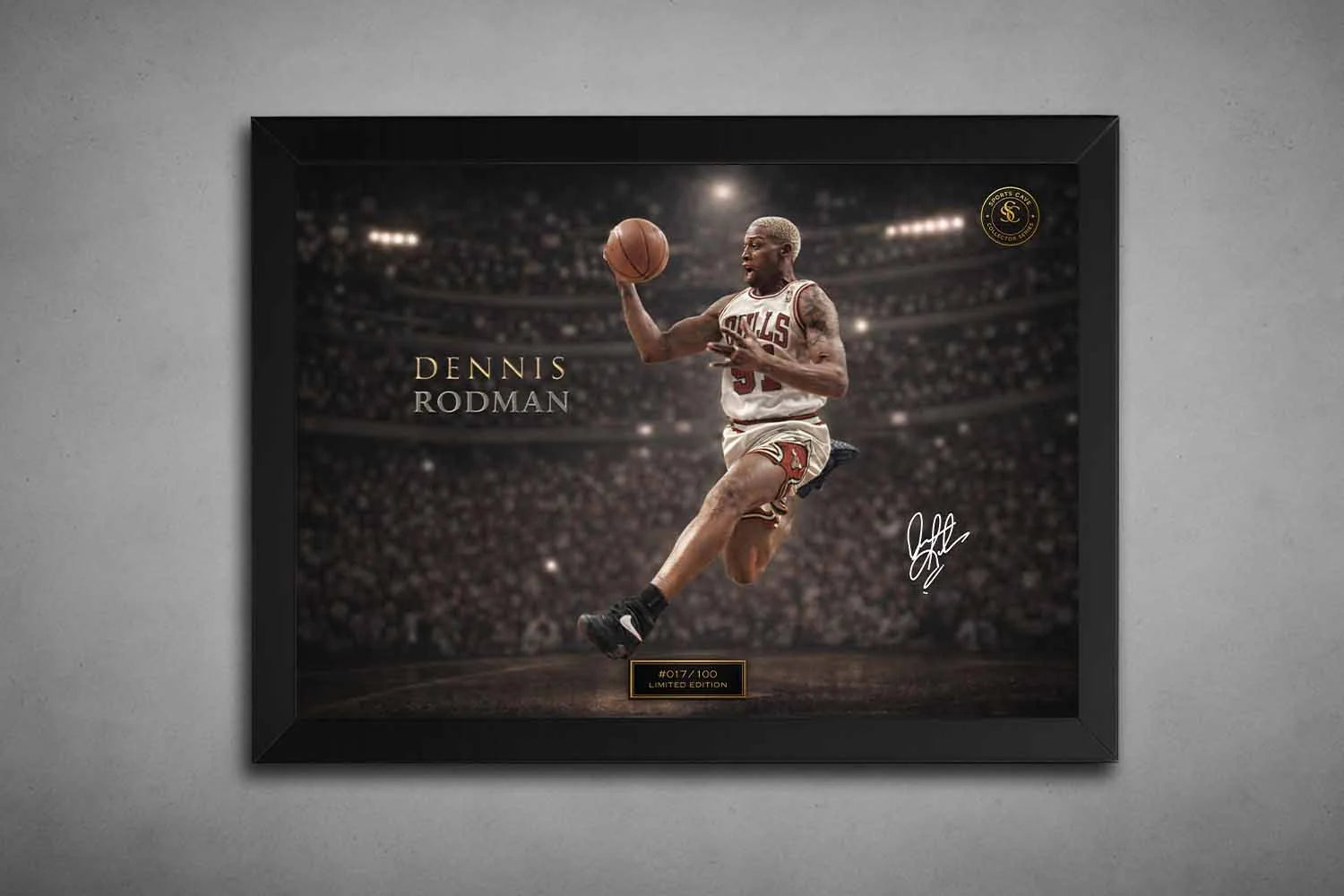 Black framed Dennis Rodman artwork featuring a classic in-game pose, presented as framed sports memorabilia with a gallery-quality finish.