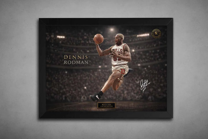 Black framed Dennis Rodman artwork featuring a classic in-game pose, presented as framed sports memorabilia with a gallery-quality finish.
