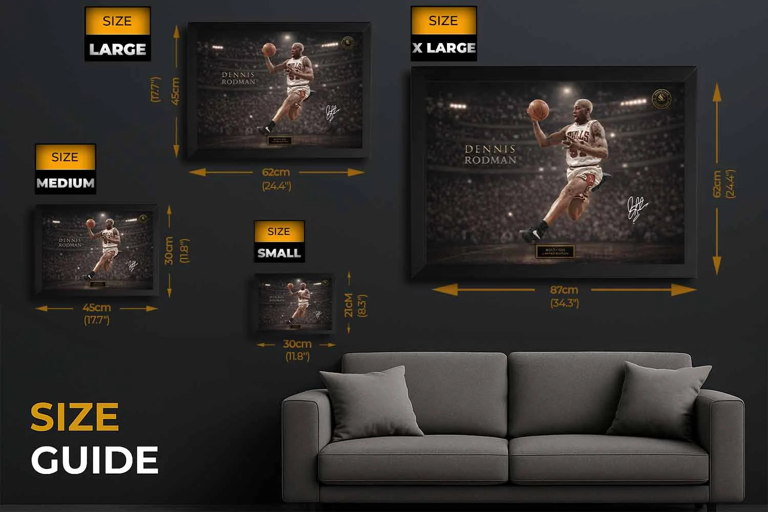 Dennis Rodman NBA wall art size guide showing multiple print dimensions to help choose the right framed sports art for your space.