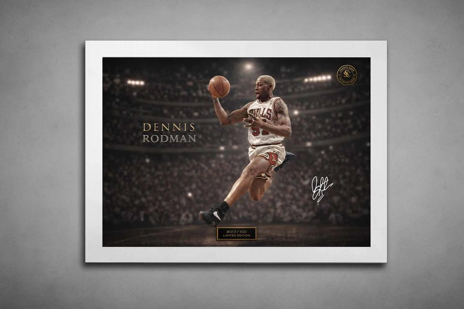 White framed Dennis Rodman NBA wall art capturing an iconic Chicago Bulls moment, designed as premium sports wall art for collectors.