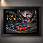 Black-framed Denny Hamlin Four Inches NASCAR wall art showing the 2016 Daytona 500 finish and victory celebration.