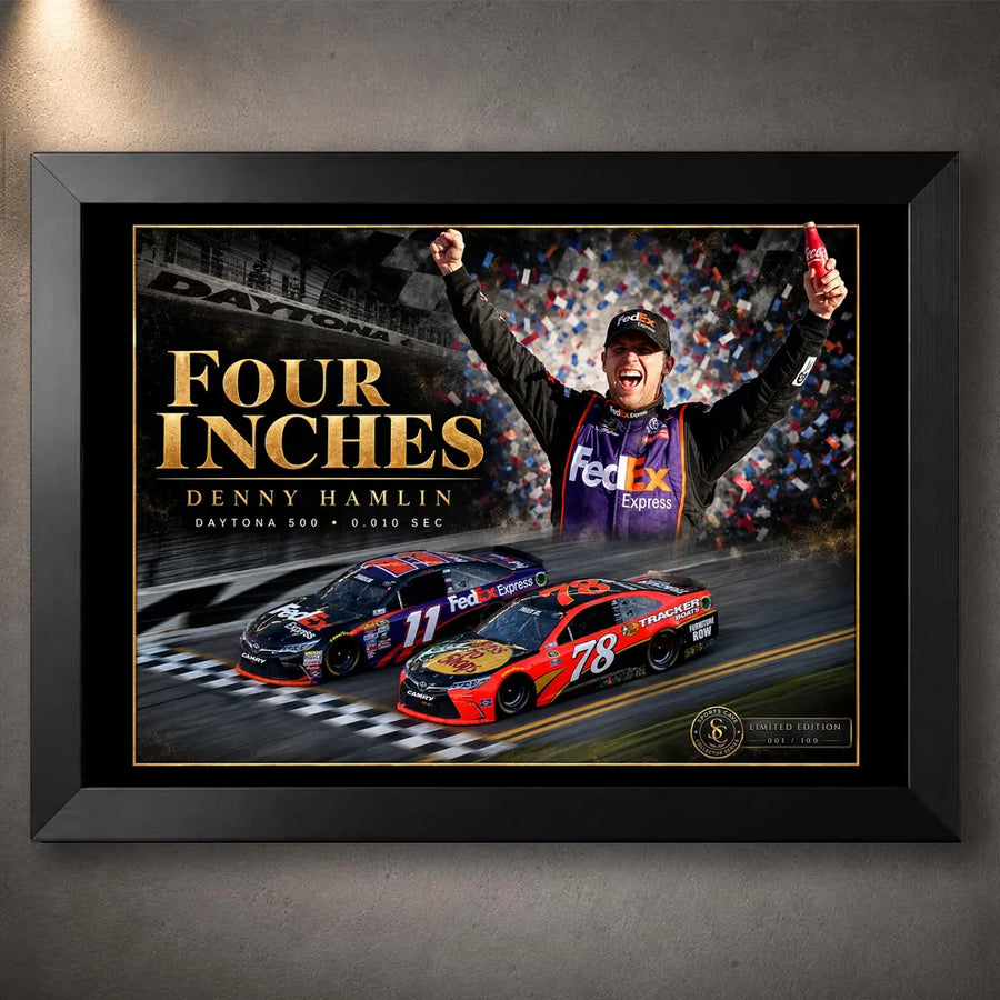 Black-framed Denny Hamlin Four Inches NASCAR wall art showing the 2016 Daytona 500 finish and victory celebration.