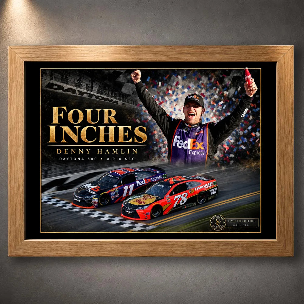 Oak-framed Denny Hamlin Four Inches NASCAR wall art featuring the 2016 Daytona 500 photo finish.