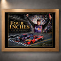 Oak-framed Denny Hamlin Four Inches NASCAR wall art featuring the 2016 Daytona 500 photo finish.