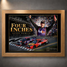 Oak-framed Denny Hamlin Four Inches NASCAR wall art featuring the 2016 Daytona 500 photo finish.