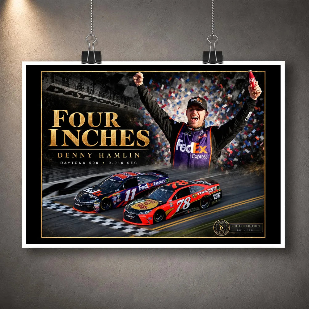 Unframed Denny Hamlin Four Inches NASCAR wall art print showing his 2016 Daytona 500 photo finish.