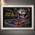 White-framed Denny Hamlin Four Inches racing wall art with his Daytona 500 finish and celebration.