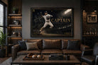 Derek Jeter framed sports wall art displayed in a luxury baseball-themed man cave with leather sofa and warm ambient lighting