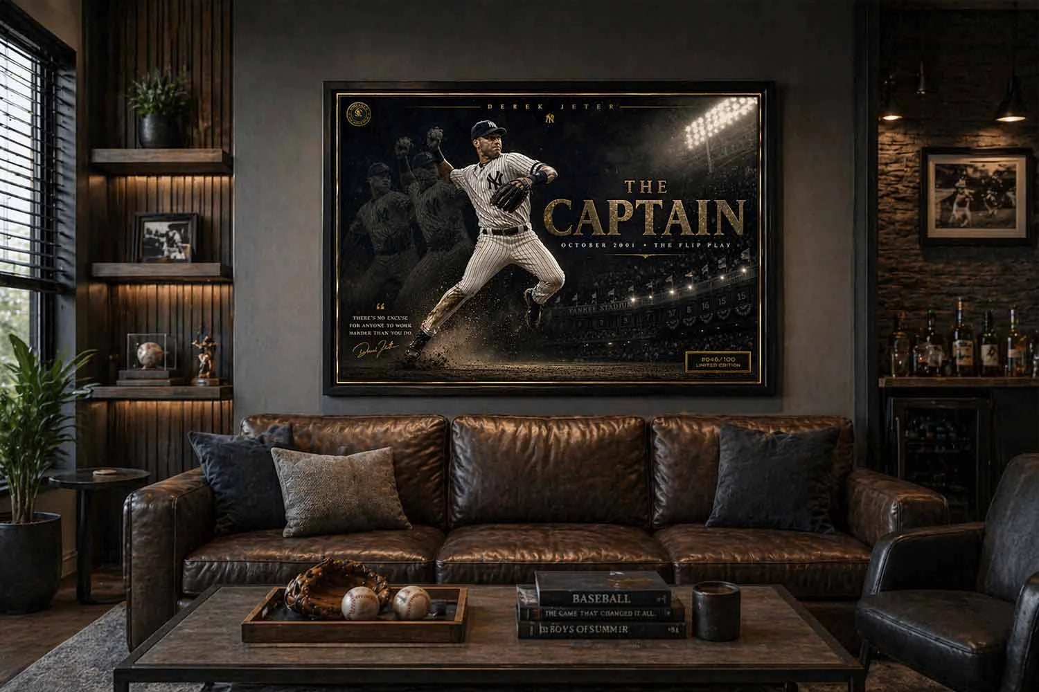 Derek Jeter framed sports wall art displayed in a luxury baseball-themed man cave with leather sofa and warm ambient lighting