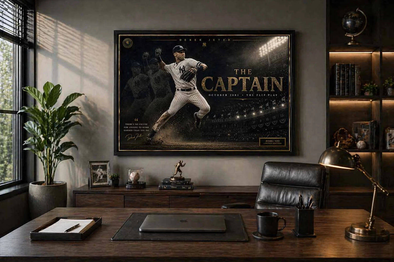 Derek Jeter The Captain framed artwork styled in a modern office space, premium sports collectibles with elegant decor accents