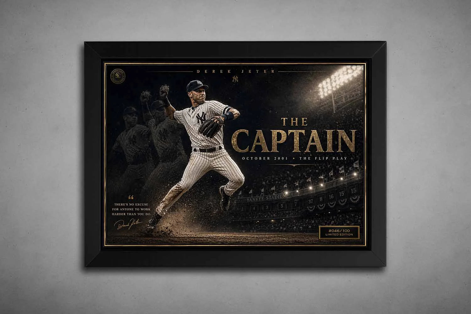 Derek Jeter The Captain framed sports wall art in black frame showcasing iconic 2001 Flip Play moment with dramatic stadium lighting