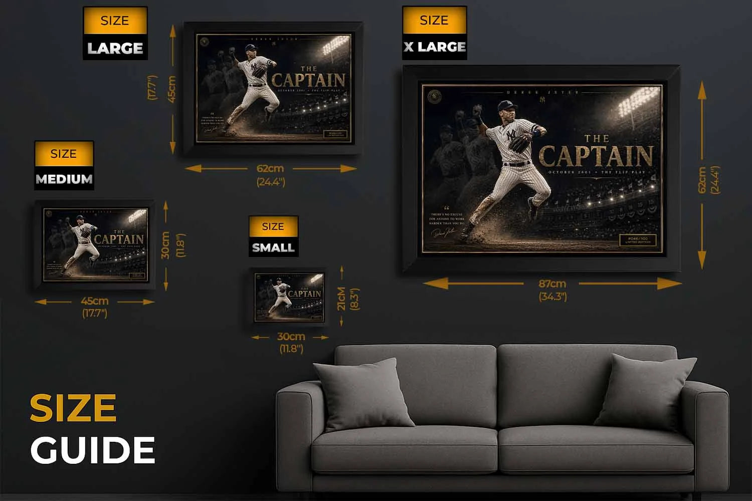 Derek Jeter sports wall art size guide showing framed print dimensions from small to extra large for perfect man cave wall décor