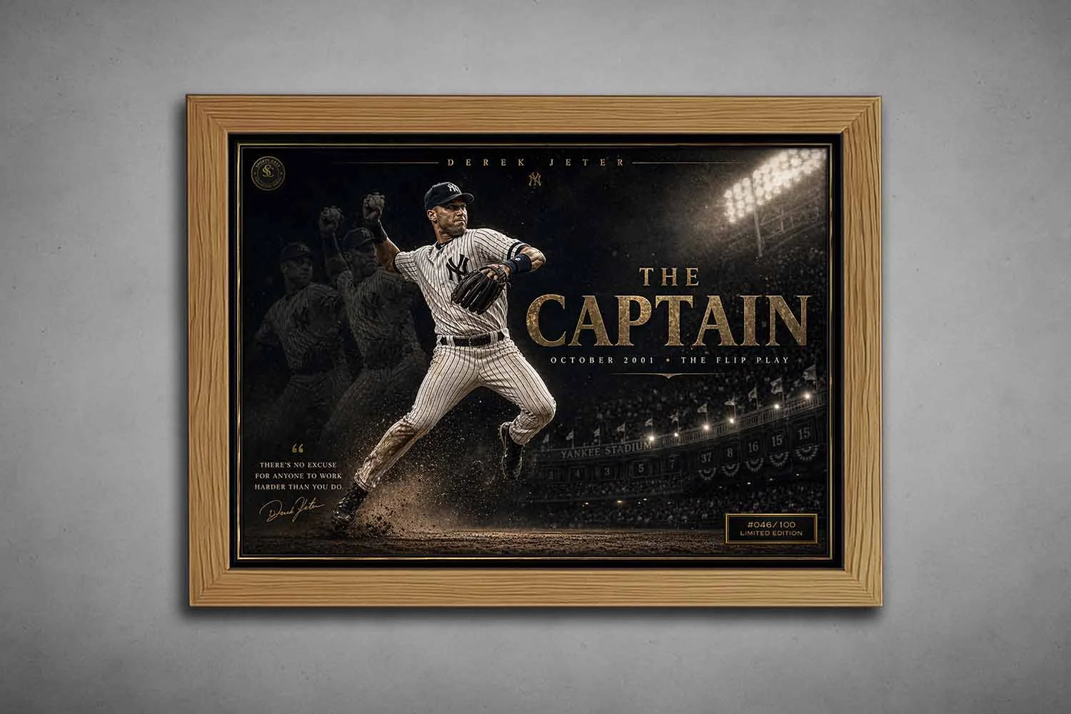 Derek Jeter baseball artwork in oak frame capturing The Captain Flip Play moment, a premium sports collectibles display piece
