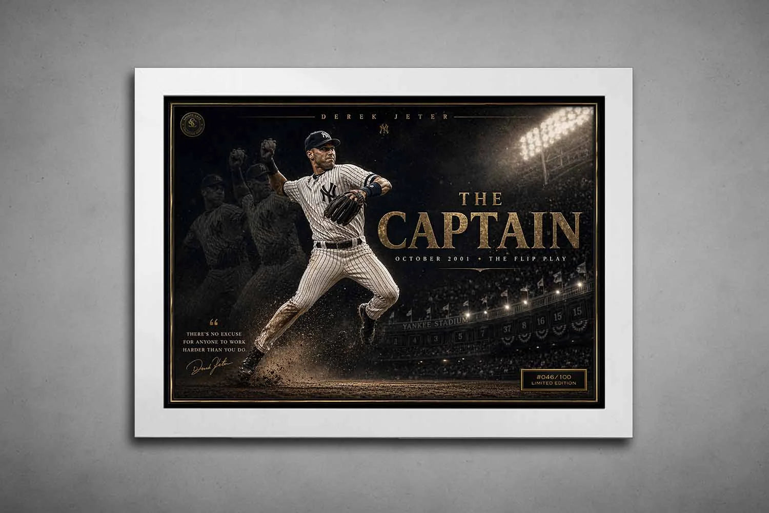 Derek Jeter The Captain artwork in white frame featuring 2001 ALDS Flip Play, clean and bold framed sports art for modern interiors