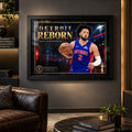 Cade Cunningham wall art displayed in a dark man cave setting with a black frame.