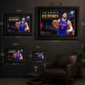 Cade Cunningham wall art size guide showing the available framed and unframed dimensions.