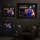 Cade Cunningham wall art size guide showing the available framed and unframed dimensions.